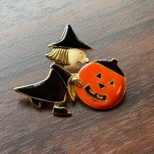 SFJ Enamel Witch with Pumpkin Brooch Vintage 80s Gold Tone
